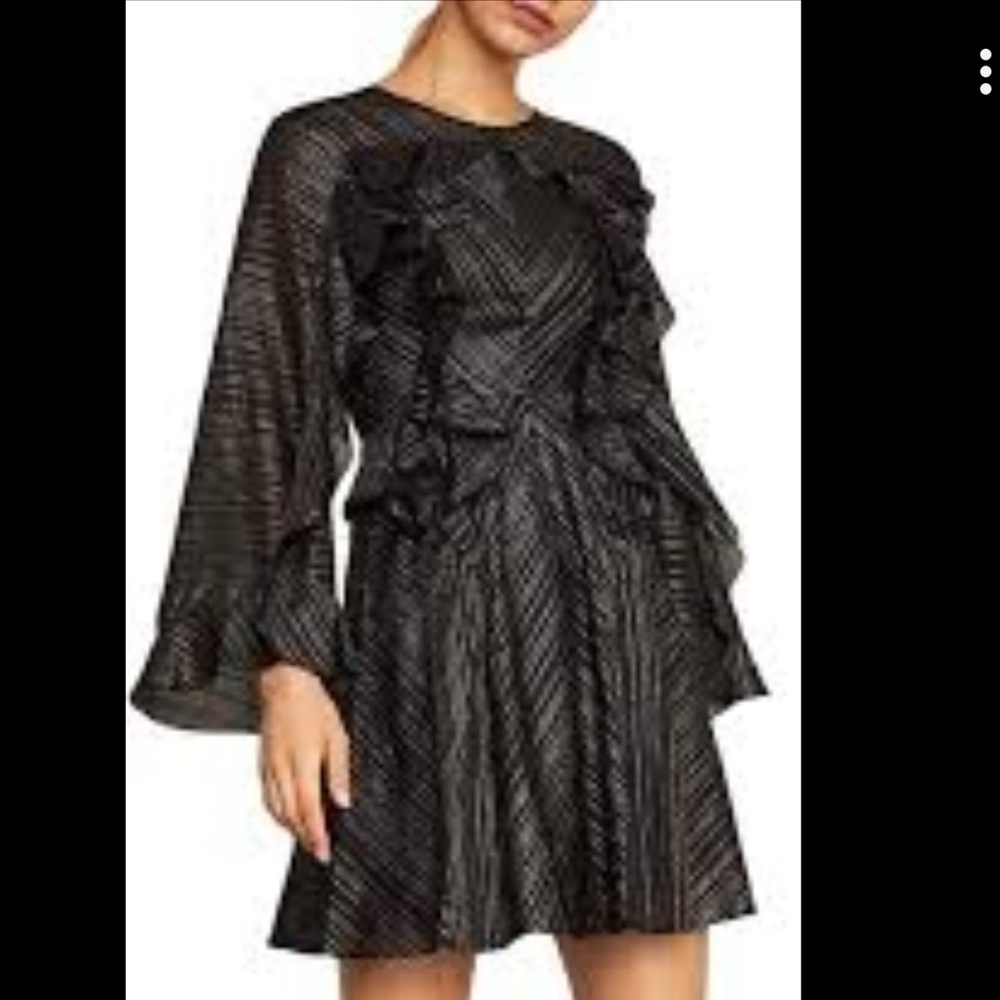 BCBG MazAzria Small Black Metallic Striped Ruffled Cocktail Mini Dress | NWOT